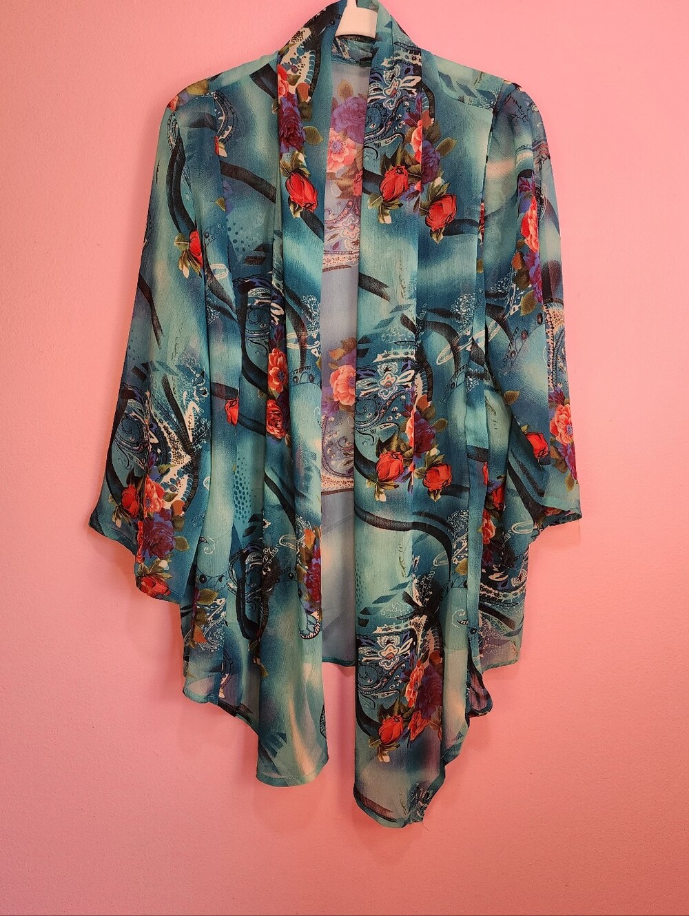Turquoise And Pink 3/4 Sleeve Sheer Tropical Floral Print Lightweight Kimono